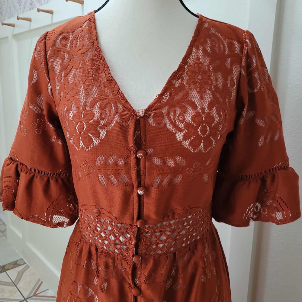 Ivy City Co Lace Button-Down Dress in Rust - Picture 3 of 5